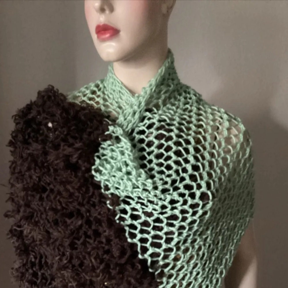 Hand knitted chocolate and seladon shawl